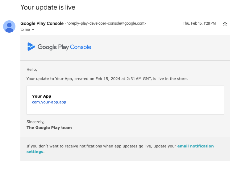New App Version Notification Email - Google Play Console