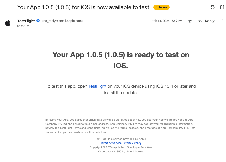 New App Version Notification Email - Apple TestFlight